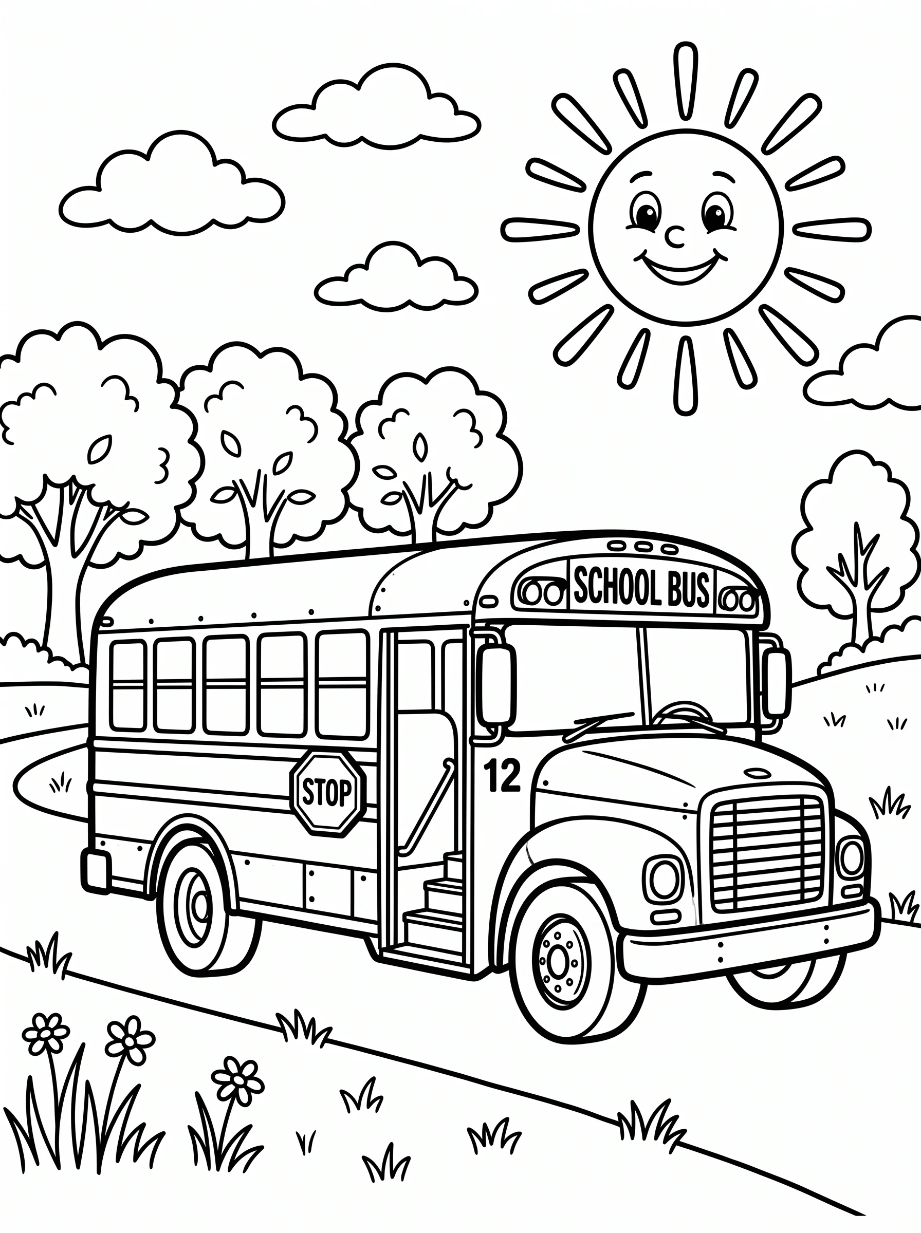 Classic School Bus and Happy Sun