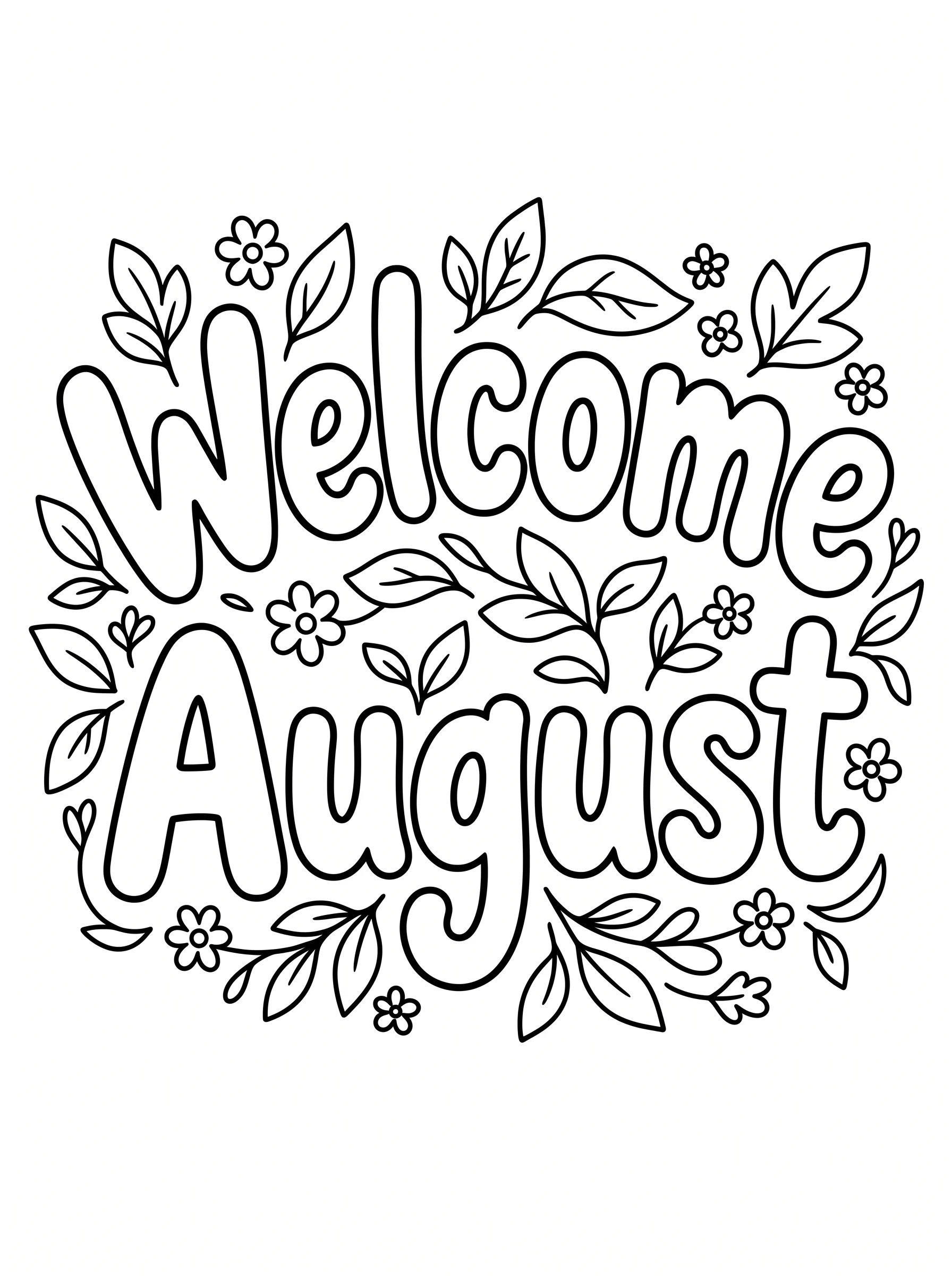 Welcome August Coloring Pages with Summer Leaves