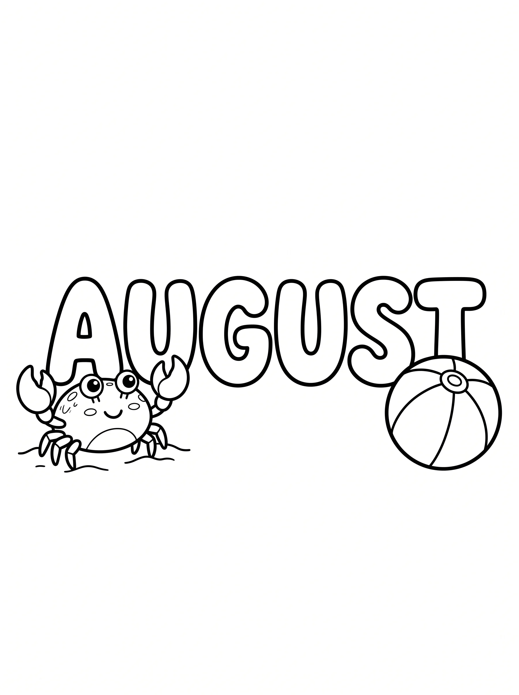August Coloring Pages with Crab and Beach Ball