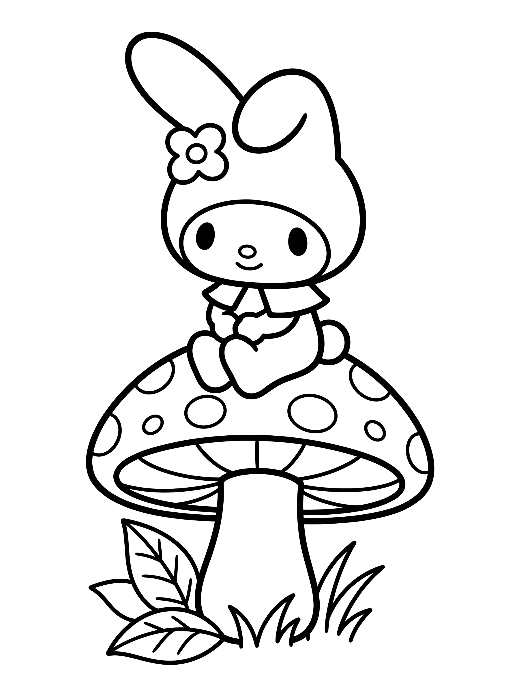 My Melody Coloring Pages: Sitting on a Giant Mushroom