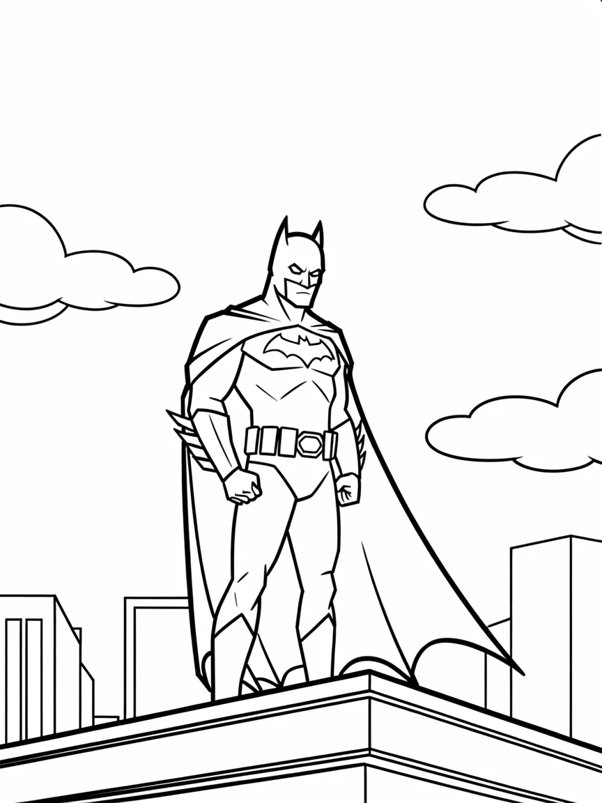 Batman Coloring Pages: Rooftop Watch over Gotham
