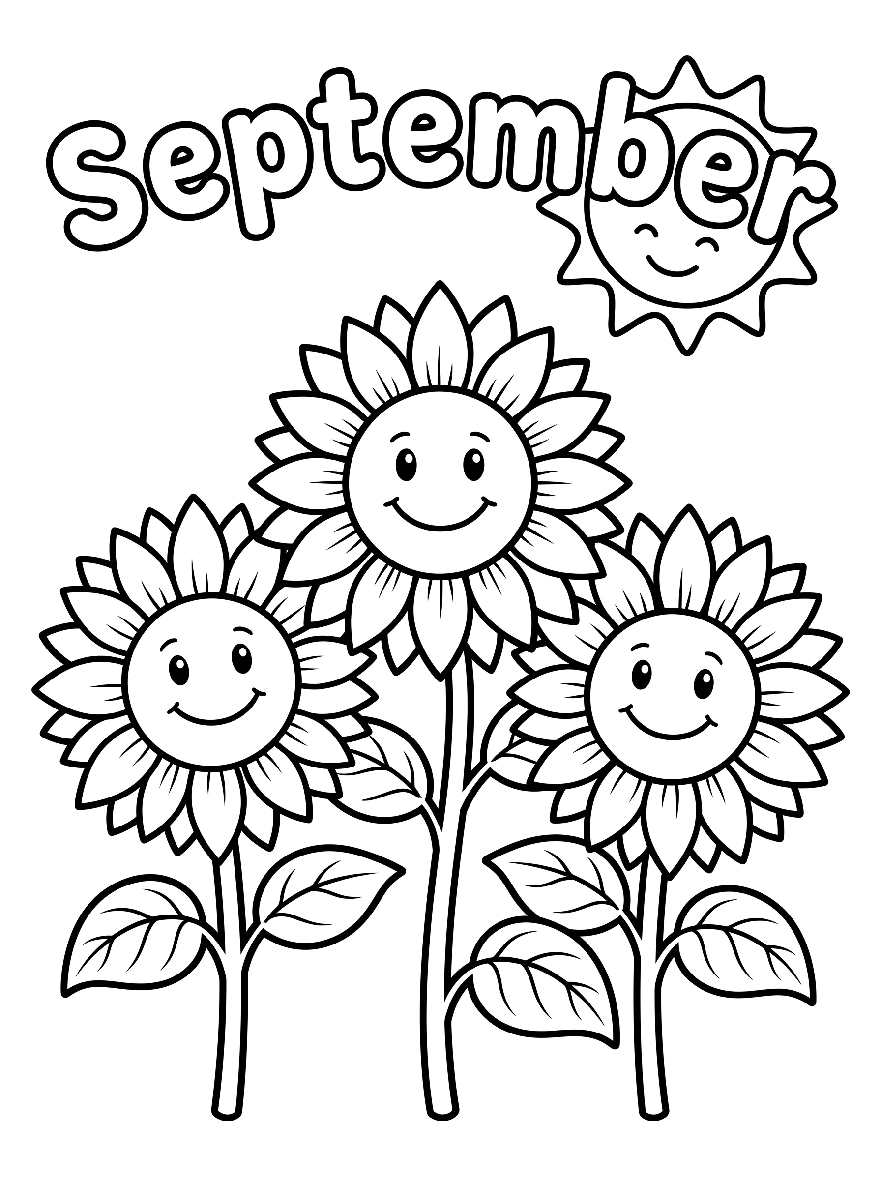 Smiling Sunflowers September Coloring Pages