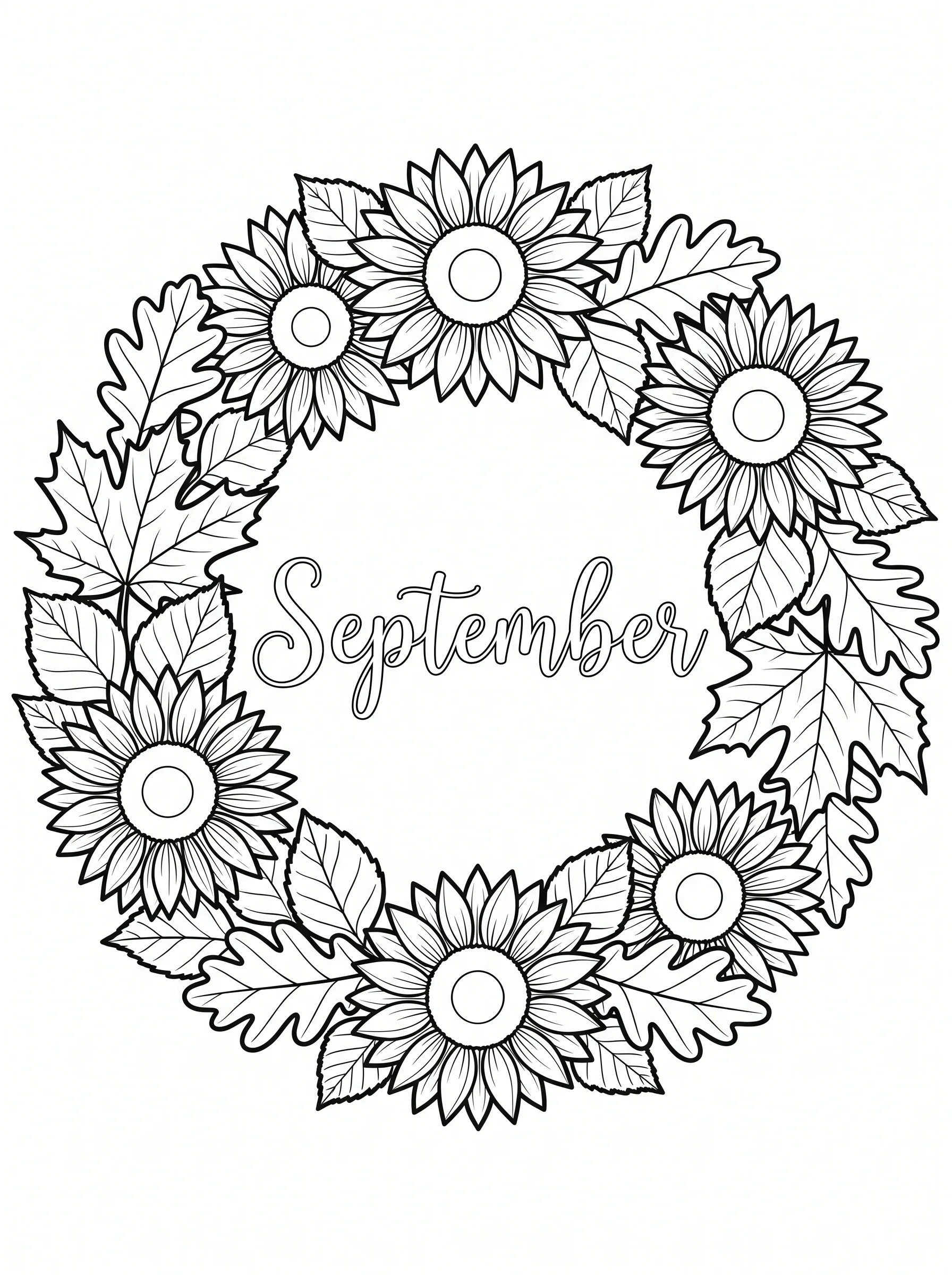Sunflower Wreath September Coloring Pages